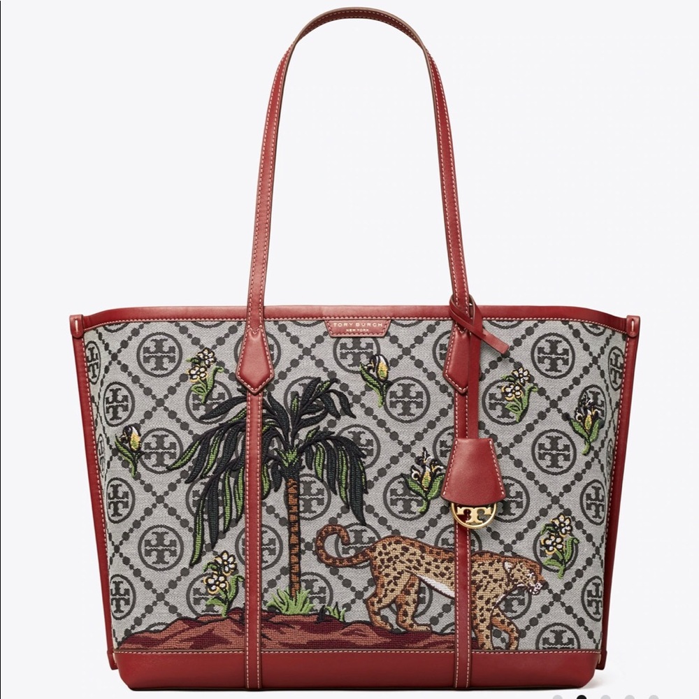 Tory Burch “Perry” Embroidered T Monogram Triple Compartment Tote Bag